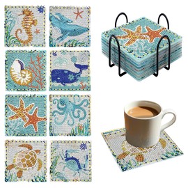 Syunyin Diamond Painting Coaster Set for Adults, 8 Pieces Coasters, Diamond Painting Underwater World with Holder, DIY Diamond Painting Accessories, Crafts, Diamond Cup Coasters