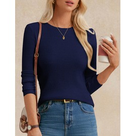 GRACE KARIN Women's Fall Knit Sweater Tops, Navy Blue Long Sleeve Wool Blend Pullover, Layer Casual Blouse M