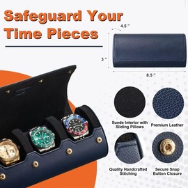 JP Capital Watch Roll - Luxury 3 Watch Travel Case with Plush Velvet/Suede Interior - Blue with Black Interior