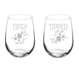 MIP Set of 2 Wine Glass Goblet Tipsy Tipped Cow Funny Gift (17 oz Stemless)