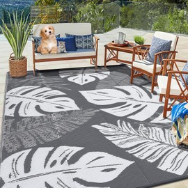 GlowSol Waterproof 9x18 Outdoor Rug for Patio Reversible Plastic Straw Rug Floral Camping Carpet with Carry Bag, Stain & UV Resistant Portable RV Carpet for Camper Deck Balcony Porch Beach Picnic,Grey