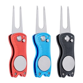 3 Pack Golf Divot Tool,Foldable Golf Divot Repair Tool,Stainless Steel Magnetic Pop-up Button Switchblade & Free Detachable Golf Ball Marker for Men Women(3 Colors)
