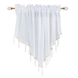 Beaded Sheer Windows Valance 130 cm W x 60 cm L, Scalloped Kitchen Curtain, Bathroom Swag Sheer with Rod Pocket, Short Valance Drape for Bedroom Living Room (White)