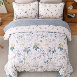 WONGS BEDDING Quilt Set King Size,Blue Floral Printed Bedspread,3 Pieces Botanical Coverlet for King Bed, Soft Microfiber Lightweight Bedding Set for All Seasons (110"x90")