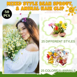 Solsew 50 Pcs Funny Bean Sprout & Duck Hair Clips Set, Rave Mixed Styles Multi-color Hair Clips, Novelty Plant and Animal Hairpins for Women Girls Music Festivals Beach Party Irish Home Christmas