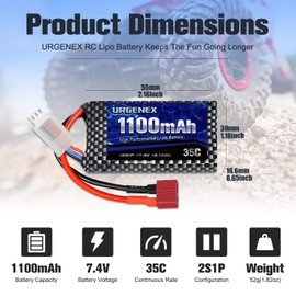 URGENEX Lipo Battery 7.4V 1100mAh 35C(Burst 70C) Dean-Style T Plug 2S Rechargeable RC Battery Fit for HAIBOXING BEZGAR Truck HBX 16889 16890A 18690SA 3100A HS181 HM181 HM165 Most 1/10 1/16 1/18 RC Car