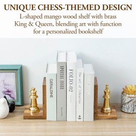 MyGift Decorative Chess Bookends Heavy Duty Mango Wood and Brass Tone Metal King and Queen Chess Pieces Design Bookend Shelf Decor - Handcrafted in India
