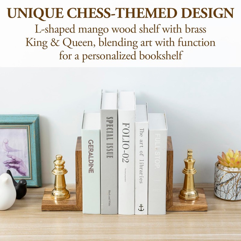 MyGift Decorative Chess Bookends Heavy Duty Mango Wood and Brass