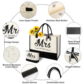 Amosking Mrs 2025 Bride Canvas Tote Bag with Makeup Bag, Wedding Gifts for Bridal Shower Bachelorette Party Engagement Honeymoon, Miss to Mrs, Bride to Be Gifts