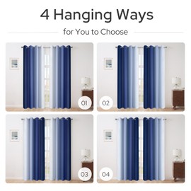 HOMEIDEAS Navy Blue Ombre Blackout Curtains, 52 X 63 Inch Length Gradient Color Room Darkening Curtains with Grommet Thermal Insulated Window Drapes for Living Room, Bedroom, 2 Panels