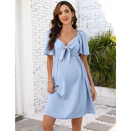 FUNJULY Maternity Dresses for Baby Shower Women's Knotted V Neck Knee Length Wrap Baby Shower Dress, Sky Blue, Large