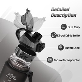 Binudum Drinking Bottle, 1 Litre BPA-Free Tritan Water Bottle, Sports Water Bottle with Time Marking for Fitness, Cycling, School and Lawn Use (Black White, 1 L)