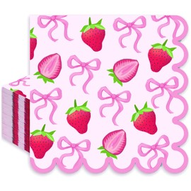 JarThenaAMCS 50Pcs Pink Bow Strawberry Napkins Summer Fruit Disposable Napkins Scalloped Edge Paper Luncheon Dinner Napkins for Party Table Supplies