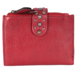 VILENCA HOLLAND Genuine Italian Leather Boho Studded Bifold Wallet – Zipper Coin Purse & Credit Card Holder for Women (Red)