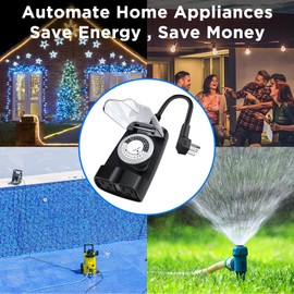 G-ELEK Outdoor Timer Waterproof, 24 Hour Light Timer, Timers for Electrical Outlets, Ideal for Pool Pump, Christmas Lights, Heavy Duty, 2 Grounded Outlets, ETL Listed, Black