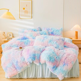 ERLOXO Fluffy Tie Dye Blue Faux Fur Comforter Cover Queen Set，Fluffy Fuzzy Plush Tie Dye Blue Bedding 3Pcs (1 Faux Fur Duvet Cover +2 Fuzzy Pillowcases) Fluffy Bed Set Queen