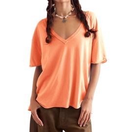 MAOECO Womens Oversized T Shirts Loose Fit V Neck Short Sleeve Tops Summer Casual Blouse Trendy 2025 Basic Tee Orange