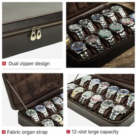 Contacts 12 Watch Case Travel Leather Watch Box, Crazy Horse Leather Zipper Watch Roll Organizer for Men Watch Holder Display Protector