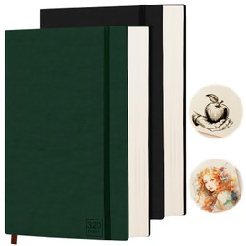 2pcs Sketchbook, A5 Blank Paper Sketchbook, Thickened Notebook 320 Pages,100GMS, Waterproof Soft Leather Cover, for Drawing, Illustration Soft Leather, for Drawing, Illustration (Green + Black)