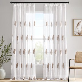 MIULEE Curtains with Ruffle Tape, Curtain Living Room Coffee and White Leaves Pattern, Beautiful Embroidery Curtain, Set of 2, Modern Bedroom Window, H 260 x W 140 cm