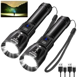 Rechargeable Flashlights 2Pack High Lumens, 5Mode Rechargeable Flashlights with LCD Digital Display, Super Bright Flashlight Adjustable Tactical Flash Light, High Powered LED Flashlight for Emergency