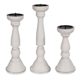 Hand Crafted Wooden Pillar Candle Holders Set of 3 , Ideal for Pillar Candles, Gifts for Wedding, Party, Home, Spa, Reiki, Aromatherapy, Votive Candle Gardens - 16, 14, 12 Inch - White Antique