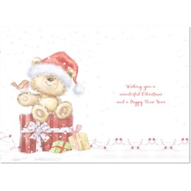 doodlecards Teacher Christmas Card Cute Bear on Parcel Medium Size Christmas Card for Teacher with Plain Envelope