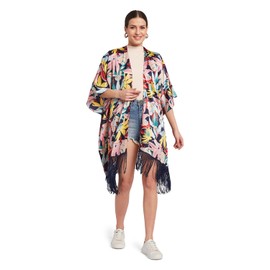 SCARF & SHORE Resort Wear Women's Floral Print Kimono with Fringe – Trendy Swimsuit Coverup, Boho Beachwear, Vacation Cruise Outfit, Lightweight Summer Cardigan, Hawaiian Swim Up Resort Attire