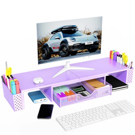 Spacrea Metal Desk Organizers and Accessories, Dual Monitor Stand Riser with Drawer and 2 Pen Holders, Desk Accessories & Workspace Desktop Organizers for Office Supplies (Purple)