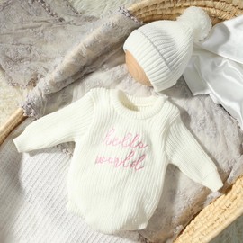 Ylsteed Infant Baby Sweater Romper and Hat - Knitted Sweatshirt Pullover Tops - Fall Winter Clothes - Baby Boy Girl Outfit - Newborn Photography Outfits - White