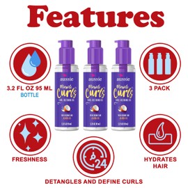 Aussie Aussie Miracle Curls Defining Oil Hair Treatment, 3 Pack, Coconut and Australian Jojoba Oil, For Dry, Curly, Kinky and Wavy Hair, Reduce Frizz and Add Shine, Paraben Free Formula, 3.2 oz Each