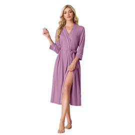 VINTATRE Robes for Women Soft Knit Bathrobe Long Lightweight Robe Casual Ladies Loungewear with Pocket Purple Red M