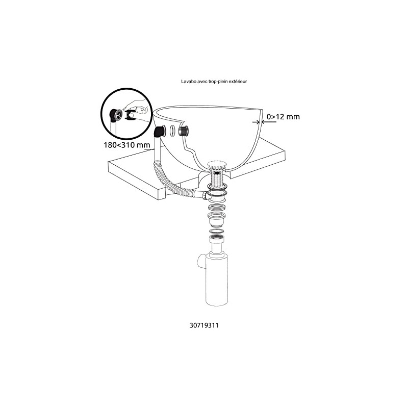 Wirquin SP2060099 Overflow Tube and Connection Pipe for Sink Extendible