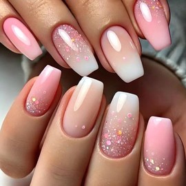 Ombre Pink Press on Nails Short Coffin Fake Nails with Glitter Designs Cute Simple Gradient Acrylic Nails Press ons Full Cover Stick on Nails Glossy Glue on Nails for Women 24 Pcs