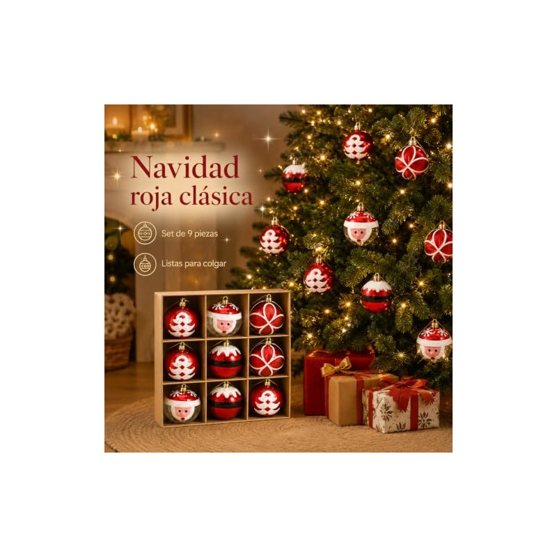 Cm-top Adornos Navideños de Santa Claus 9 Piezas,ornamentos Esferas,rojo
