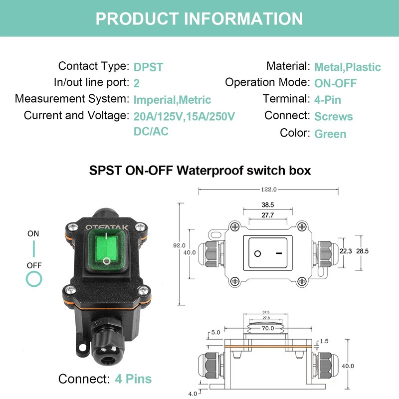 QTEATAK Inline Cord Switch Waterproof Switch DPST AC/DC 20A-125V,16A-250V,30A-24V,35A-12V, IP66