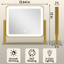 ROLOVE Gold Lighted Makeup Mirror, 14"x12" Vanity Mirror with Smart Touch Control, 3-Color Dimmable Lighting, 360° Rotation for Desk or Bedroom