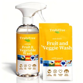 Truly Free Fruit and Vegetable Wash - Veggie Wash Removes 99% of Dirt & Wax | Plant-Based Produce Cleaner Spray | No Aftertaste, Refillable, Made in USA | Fragrance-Free, 16oz