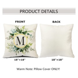Snylcee Monogram Letter M Throw Pillow Covers Floral 18x18 Inch, Greenery Spring Pillows Decorative Throw Pillows Pillowcase Summer Farmhouse Decor for Couch Sofa, Family Last Name Initial Pillow Case