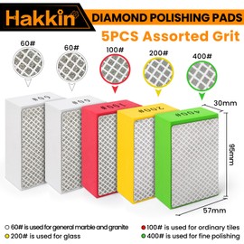 Hakkin 5Pcs Diamond Hand Polishing Pads for Ceramic Tile Glass Grinding, Sanding Blocks Polishing 60#, 100#, 200#, 400#