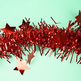 NAUZE 10M Christmas Star Tinsel Garland Christmas Tree Garland Decoration Tinsel Hanging Garland Red Glittery Metallic Streamers (Red)