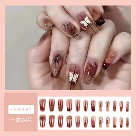 24Pcs Medium Coffin Press on Nails Fall Brown Fake Nails Gradient French Tip Acrylic Press ons Butterfly Flower Design Artificial False Nails Natural Full Cover Stick on Nails for Women and Girls