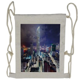 Ambesonne City Drawstring Backpack, Downtown Hong Kong Night, Sackpack Bag