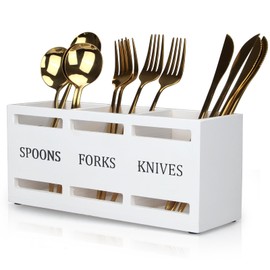 Ayiaren Wooden Silverware Cutlery Holder White Flatware Caddy Kitchen Utensils Holder for Party Wood Silverware Organizer Storage for Table Countertop Spoon and Fork Knife Holder Silverware Caddies