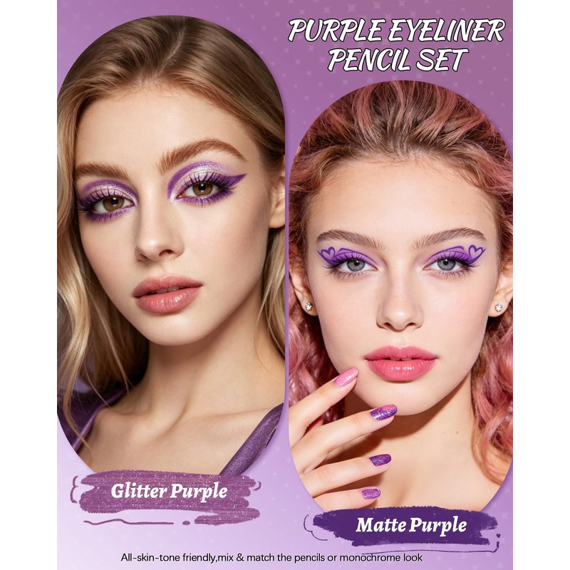 Purple Eyeliner Pencil Set, Matte&Glitter Gel Eyeliner Pencil for Halloween