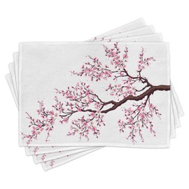 Ambesonne Japanese Place Mats Set of 4, Branch of a Flourishing Sakura Tree Flowers Cherry Blossoms Spring Theme Art, Washable Fabric Placemats for Dining Table, Standard Size, Pink Brown