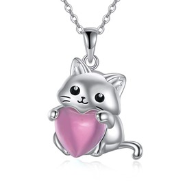 YFN Cat Jewellery Gifts for Women Sterling Silver Birthstone Cat Necklace Christmas Jewellery for Girls, Sterling Silver, No Gemstone