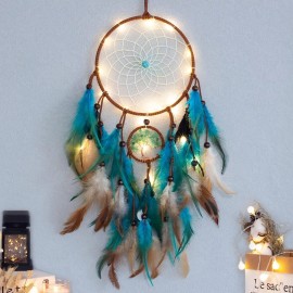 WOW DING Blue Quartz Dream Catcher With Led Lights Metal Feather Wall Ornament 80 Char...