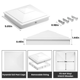 SIEDiNLAR 5x5 Pyramid Post Caps Outdoor Waterproof 5X5 Post Cover, Fits 5x5 4.5x4.5 Vinyl Wood Posts for Fence Deck Mailbox Patio (White, 6 Pack)
