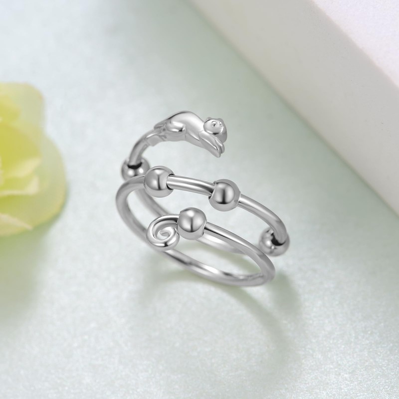 Fidget Rings for Anxiety 925 Sterling Silver Cat Adjustable Anti